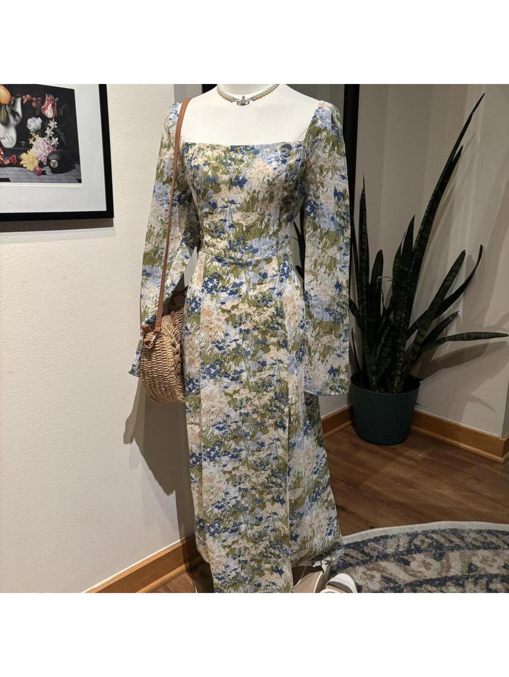 Rihoas Floral Cottagecore Midi Dress Small Blue Green Prairie Milkmaid